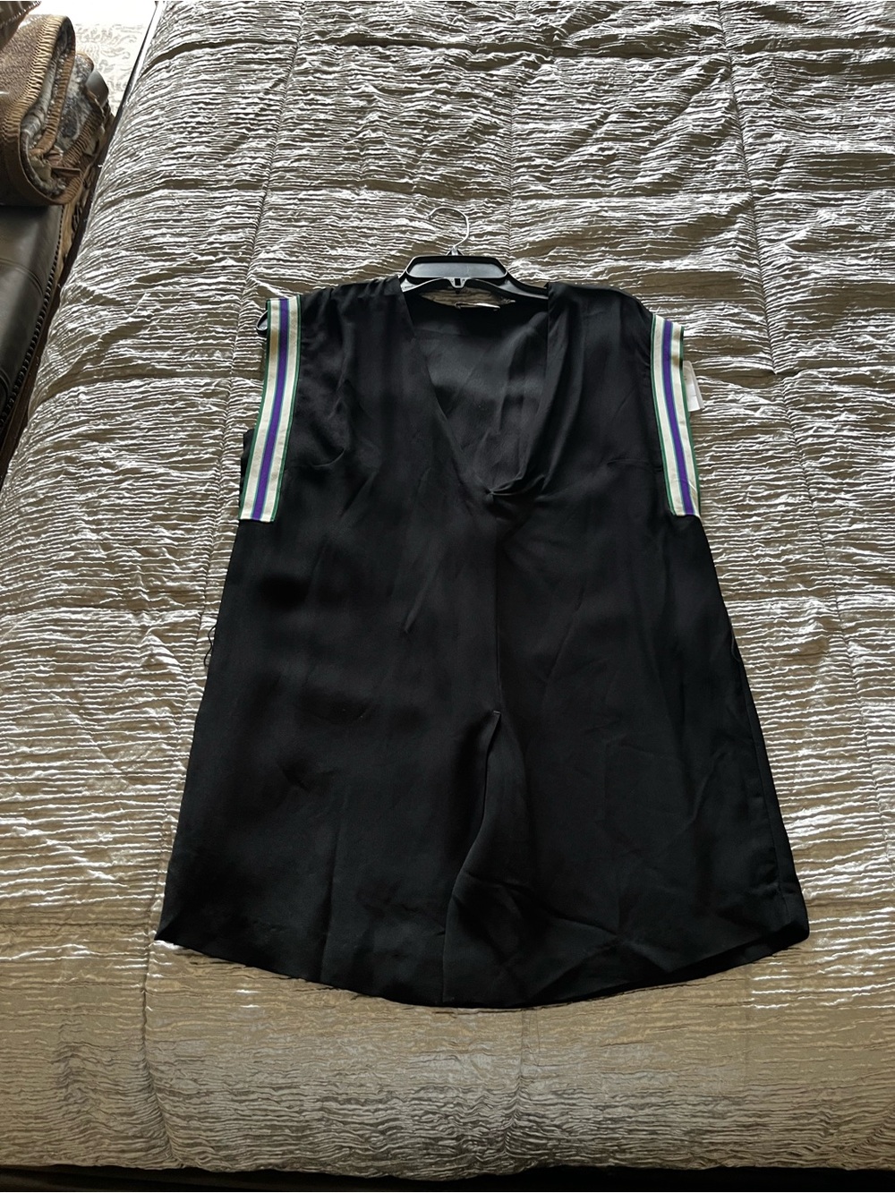 Sandro Black V-Neck Sleeveless Tunic with Green and Purple Stripe Trim (1)